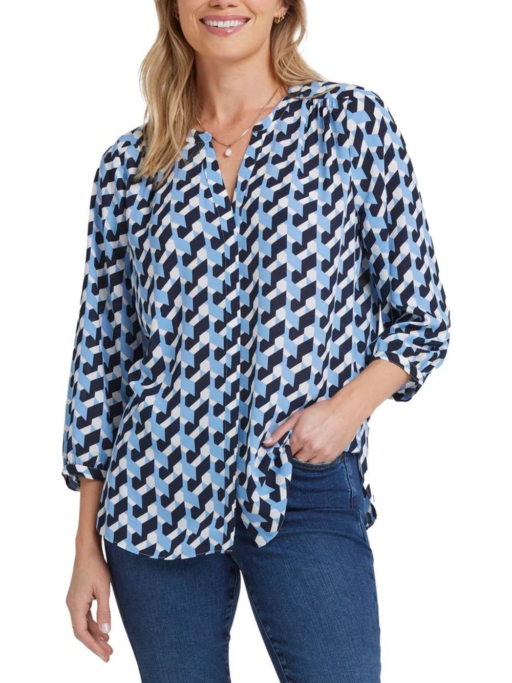 NYDJ Chiffon Pleated Button-Down Top Geometric Blue Black White blouse Large L